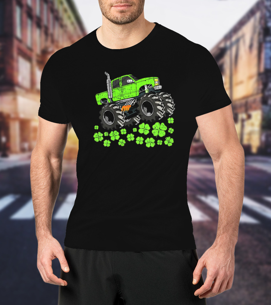 Kids Boys St Patricks Day Toddler Lucky Green Monster Truck With Shamrocks T-Shirt
