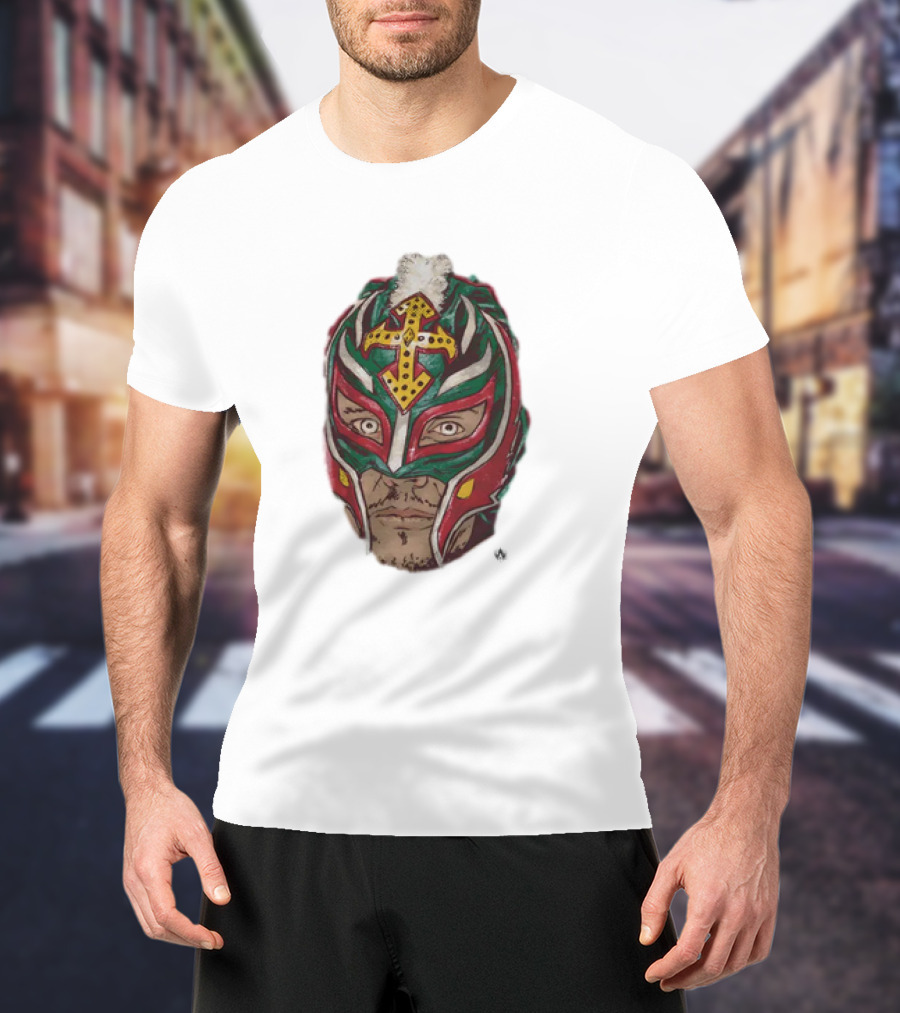 Men's Black Rey Mysterio Mask Face With Colorful Wrestling Headdress And Cross T-Shirt