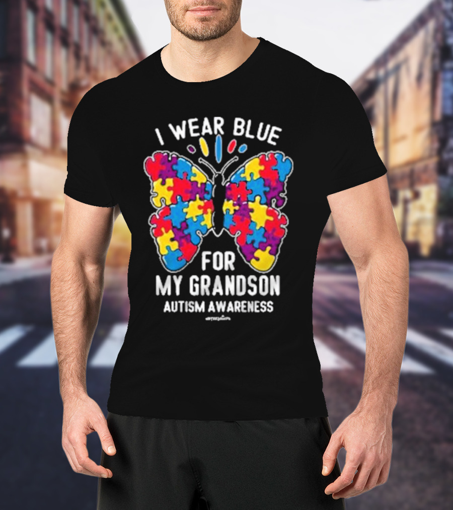 I Wear Blue Butterfly Puzzle My Grandson Autism Awareness T-Shirt