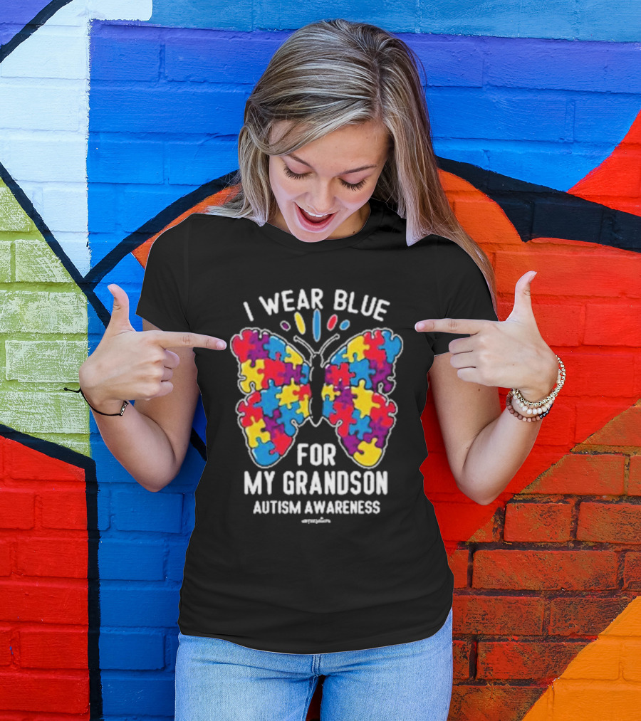 I Wear Blue Butterfly Puzzle My Grandson Autism Awareness T-Shirt