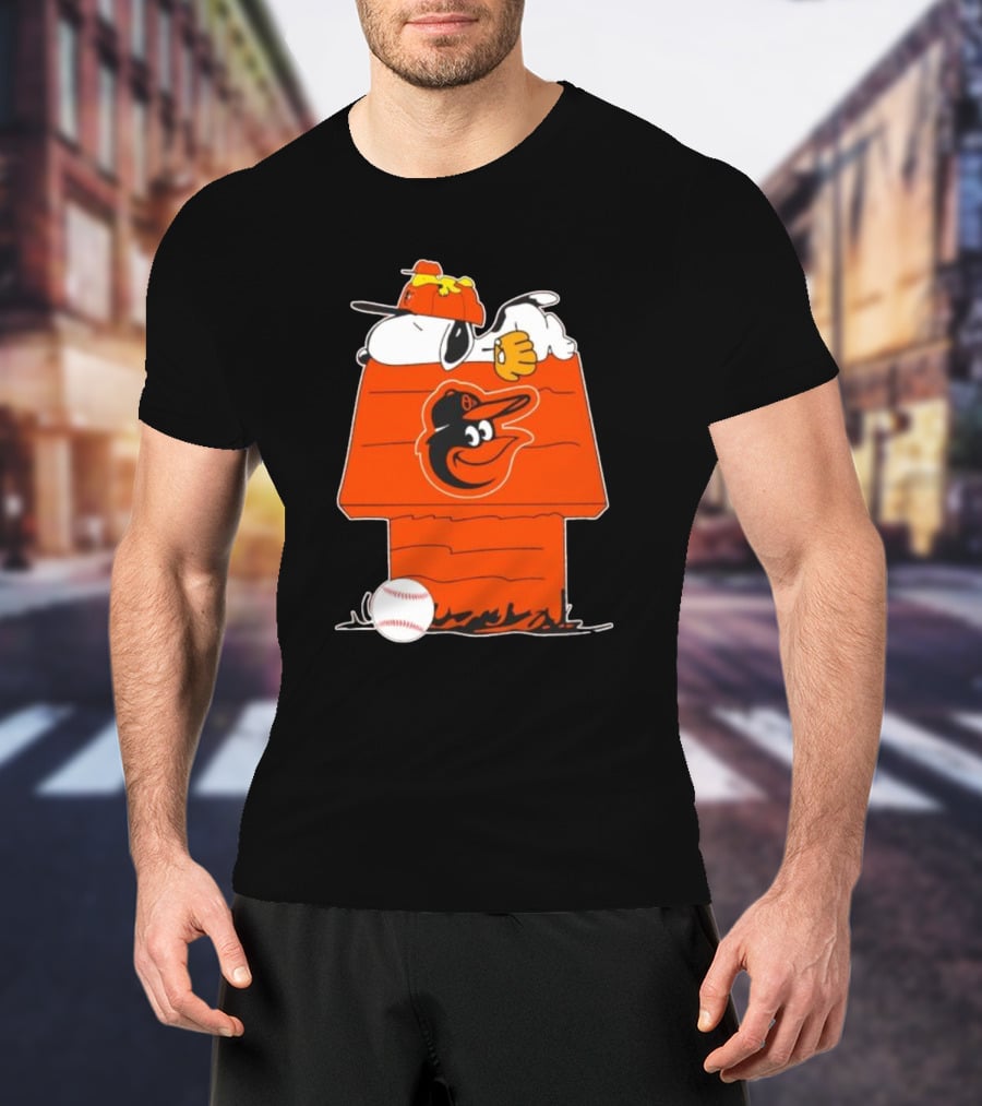 Snoopy And Woodstock Sleeping On Baltimore Orioles Themed Doghouse With Baseball T-Shirt