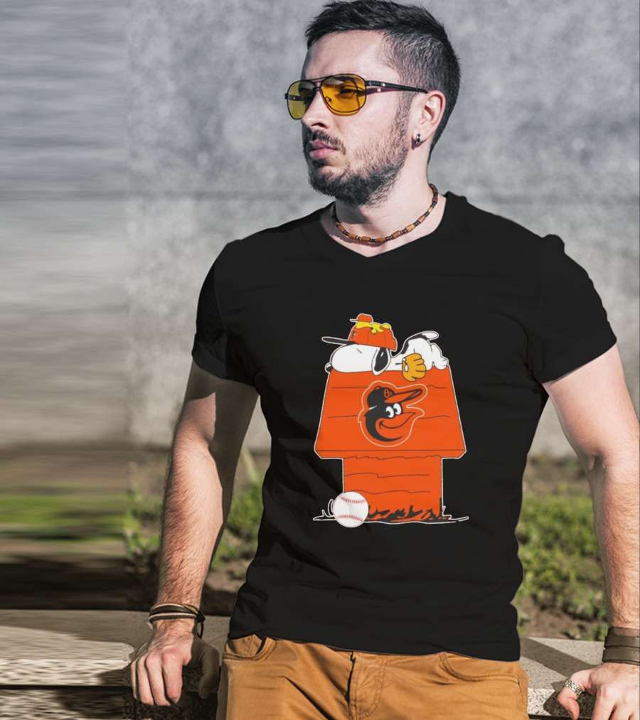 Snoopy And Woodstock Sleeping On Baltimore Orioles Themed Doghouse With Baseball T-Shirt
