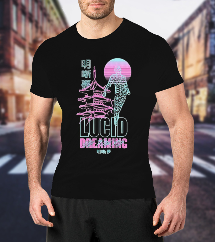 Lucid Dreaming Tokyo Japan Neon Pagoda And Wireframe Figure T-Shirt