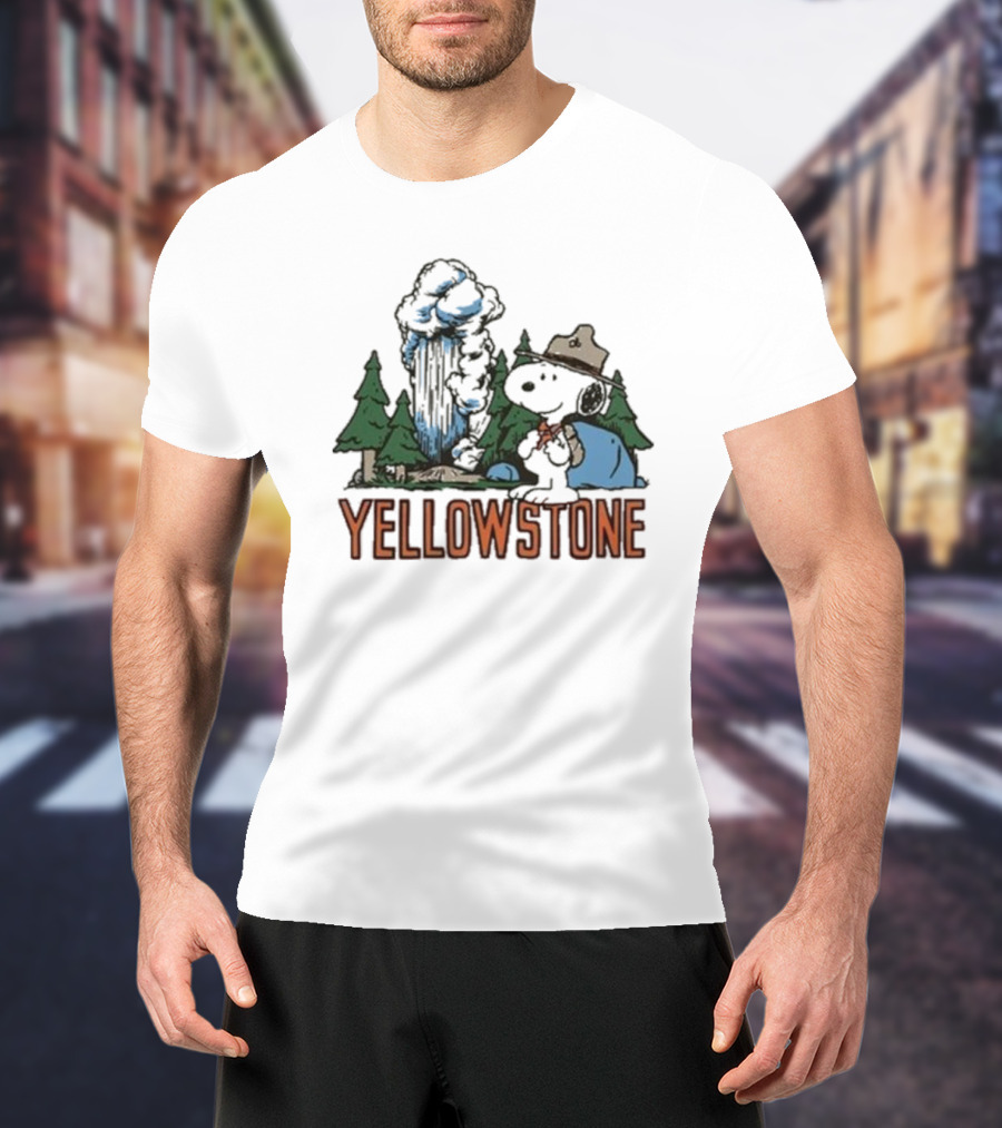 Peanuts Snoopy Yellowstone Camping Scene With Geyser And Forest T-Shirt