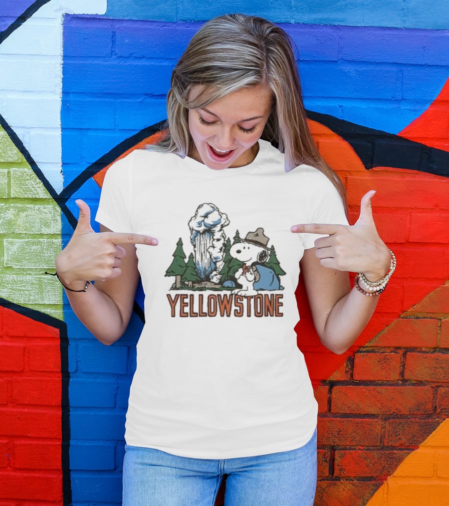 Peanuts Snoopy Yellowstone Camping Scene With Geyser And Forest T-Shirt