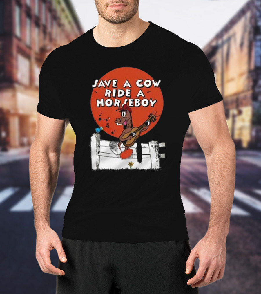 Save A Cow Ride A Horseboy Cartoon Horse Playing Guitar T-Shirt