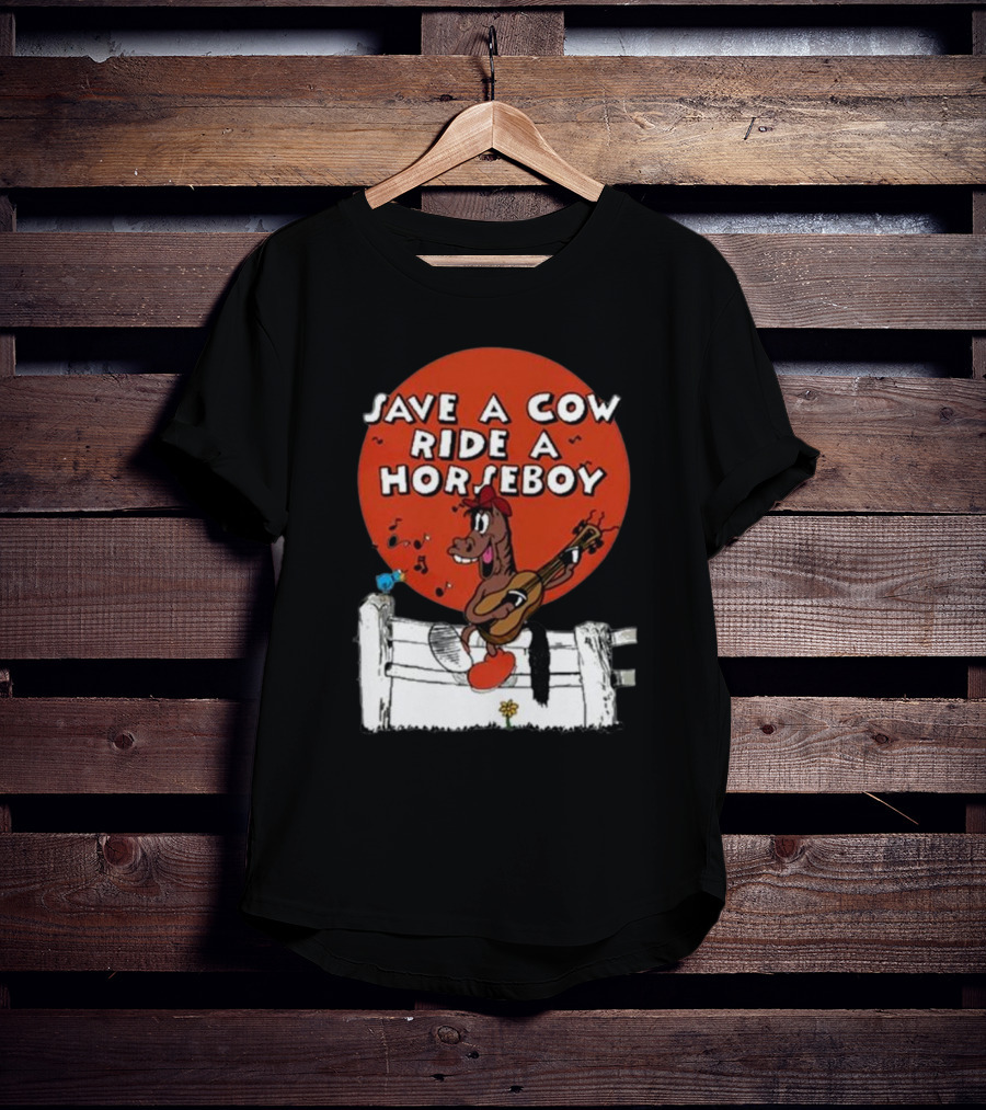Save A Cow Ride A Horseboy Cartoon Horse Playing Guitar T-Shirt