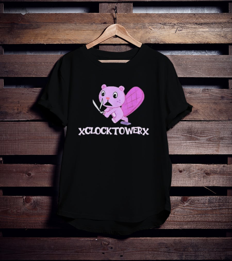 XCLOCKTOWERX Running With Scissors Pink Cartoon Beaver T-Shirt