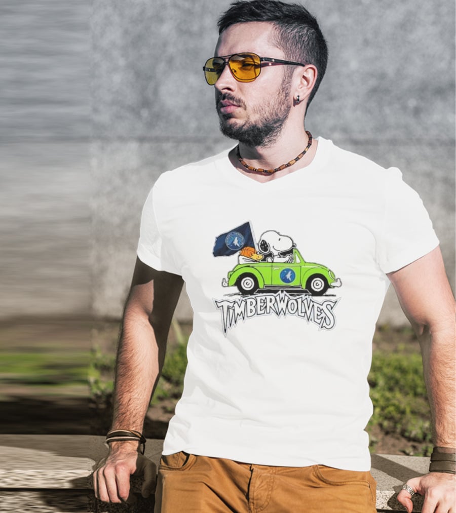 Minnesota Timberwolves Snoopy Forever Fan Driving Car With Timberwolves Flag T-Shirt