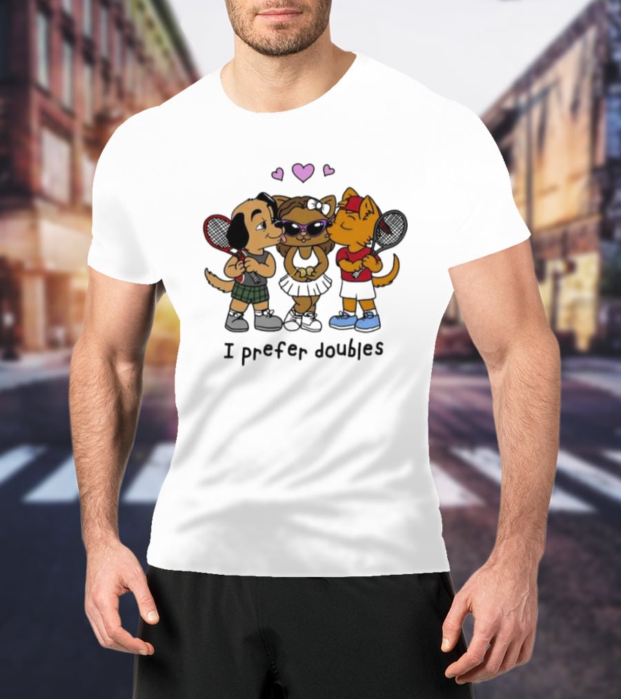 I Prefer Doubles Cute Animals With Tennis Rackets And Hearts T-Shirt