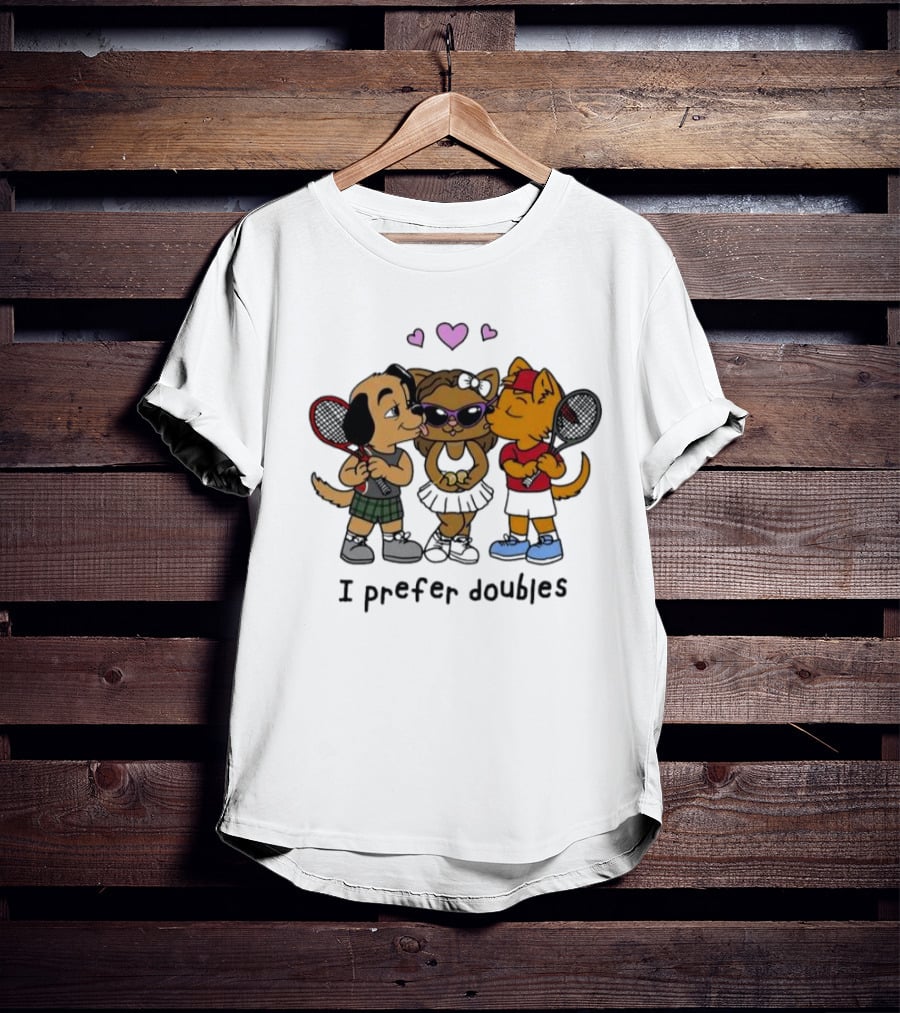 I Prefer Doubles Cute Animals With Tennis Rackets And Hearts T-Shirt