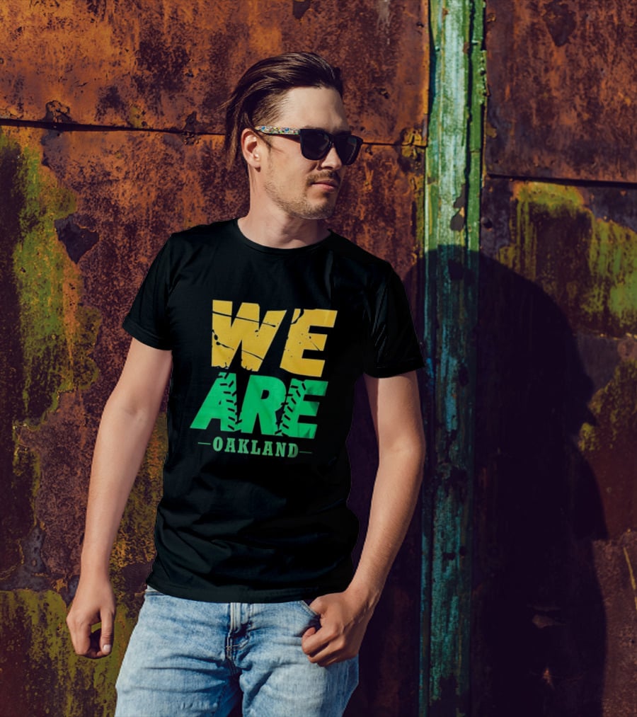 WE ARE OAKLAND Yellow Green Text Baseball Seam T-Shirt