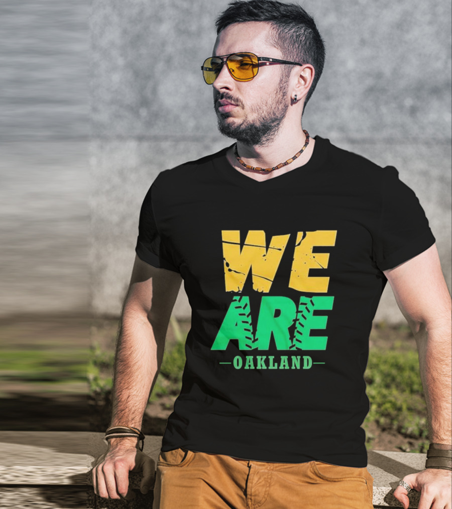 WE ARE OAKLAND Yellow Green Text Baseball Seam T-Shirt