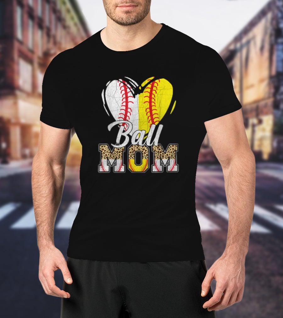 Ball Mom Heart Leopard Baseball Softball Vintage Women T-Shirt
