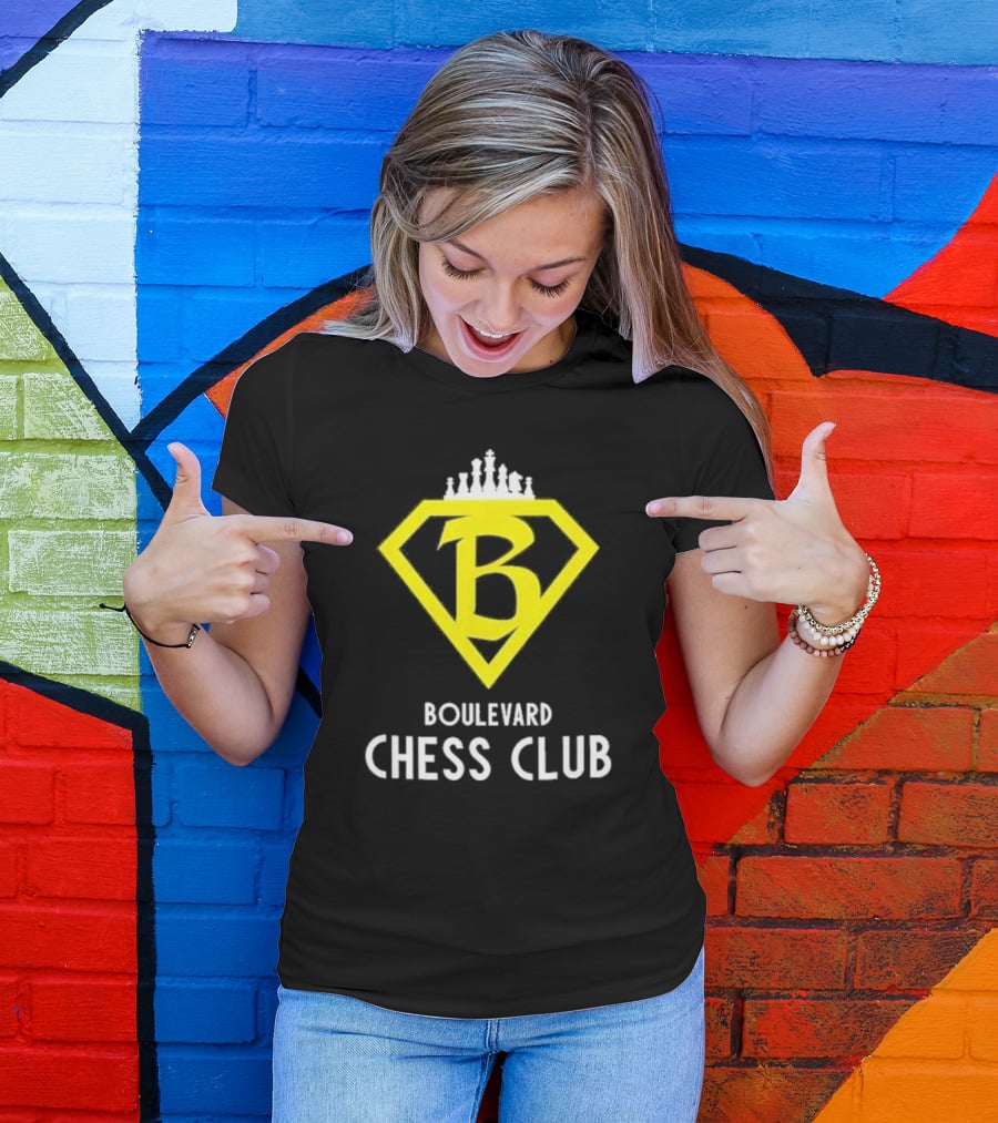Boulevard Chess Club Logo With Yellow Diamond And Chess Pieces T-Shirt