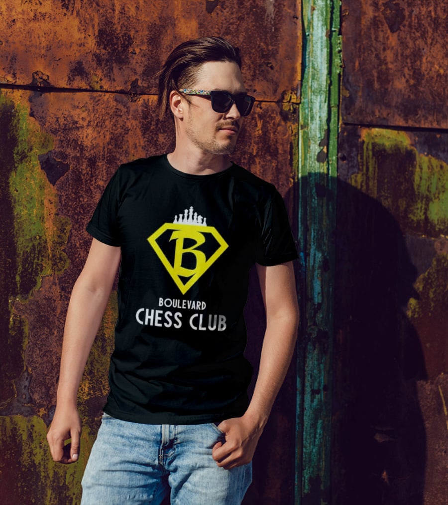 Boulevard Chess Club Logo With Yellow Diamond And Chess Pieces T-Shirt