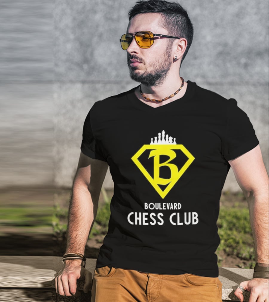 Boulevard Chess Club Logo With Yellow Diamond And Chess Pieces T-Shirt