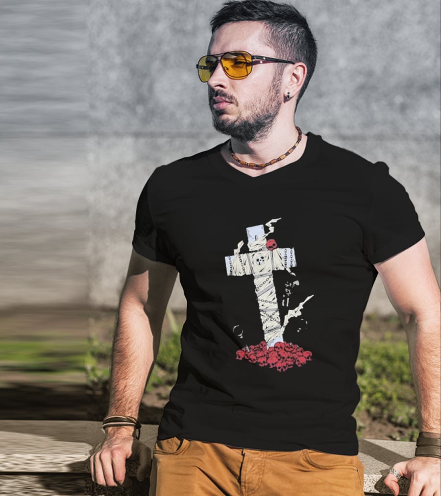 Steady-Hands Wrapped Cross With Chains And Skulls T-Shirt