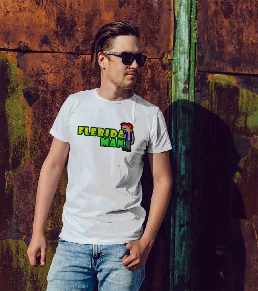 Flerida Man Beer Drinking Cartoon Character With Red Cap And Green Letters T-Shirt