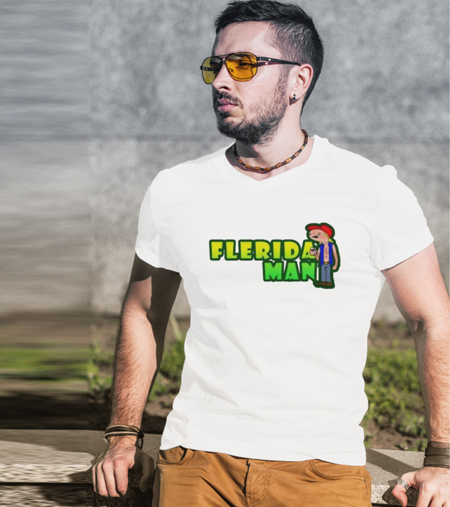 Flerida Man Beer Drinking Cartoon Character With Red Cap And Green Letters T-Shirt