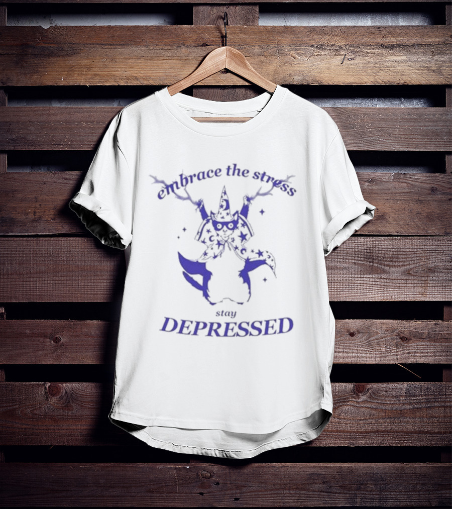 Embrace The Stress Stay Depressed Wizard Cat Stars Cloaked In Night T-Shirt