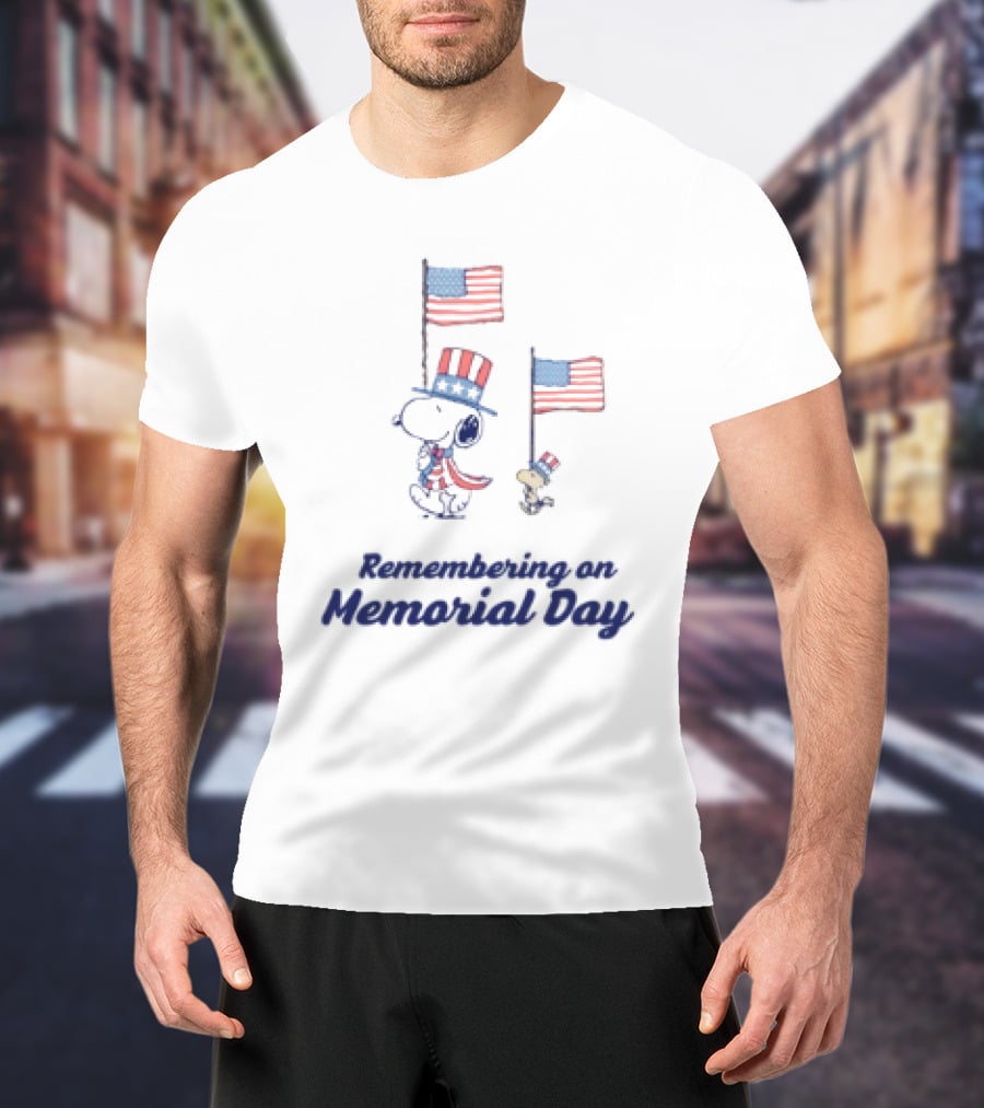 Snoopy Remembering On Memorial Day With American Flags T-Shirt