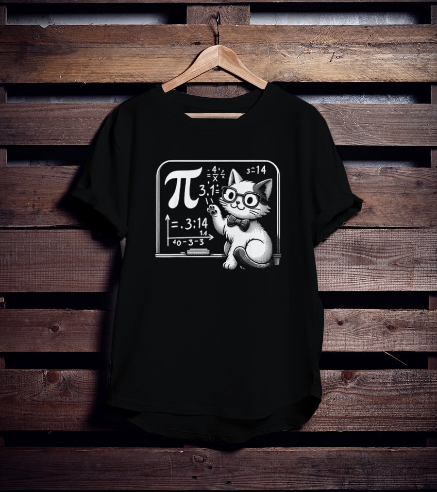 Pi 3.14 Cat With Glasses And Chalkboard Equations T-Shirt