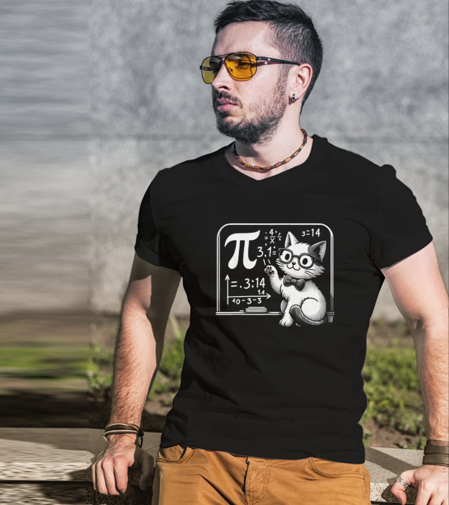 Pi 3.14 Cat With Glasses And Chalkboard Equations T-Shirt