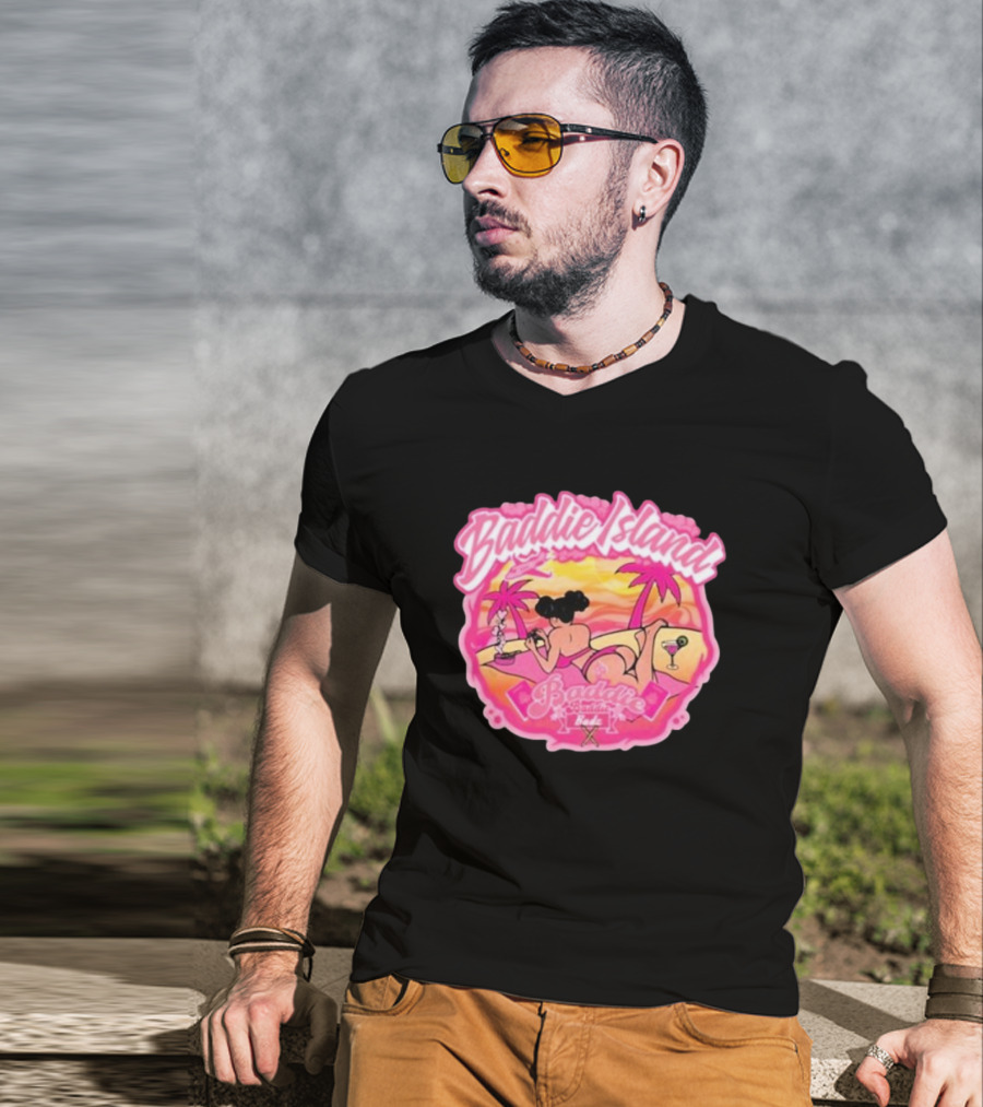 Baddie Island Summer Scene With Palm Trees And Cocktail Imagery - Baddie Budz Vibe T-Shirt