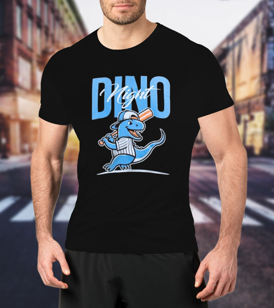 Dino Night Baseball Player Dinosaur In Cap With Bat T-Shirt