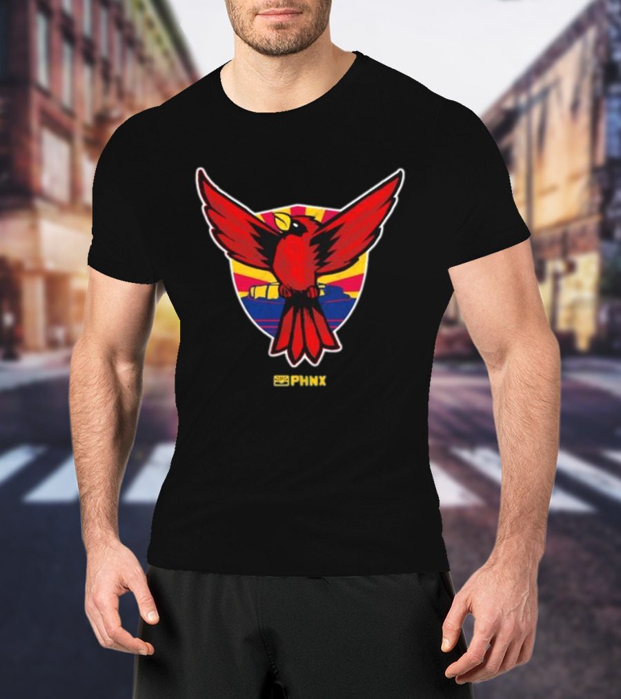 PHNX Cardinals Red Bird Emblem With Arizona Flag Shield T-Shirt