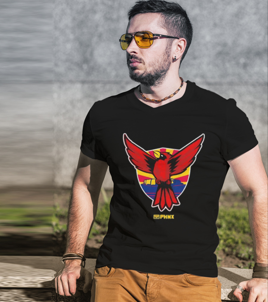 PHNX Cardinals Red Bird Emblem With Arizona Flag Shield T-Shirt
