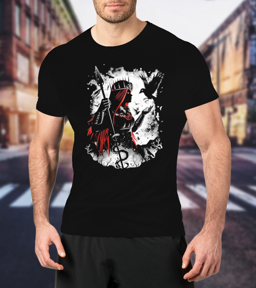 Goddess Of Fate And War With Spear And Raven T-Shirt