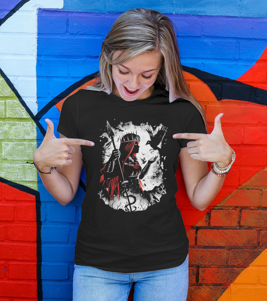 Goddess Of Fate And War With Spear And Raven T-Shirt