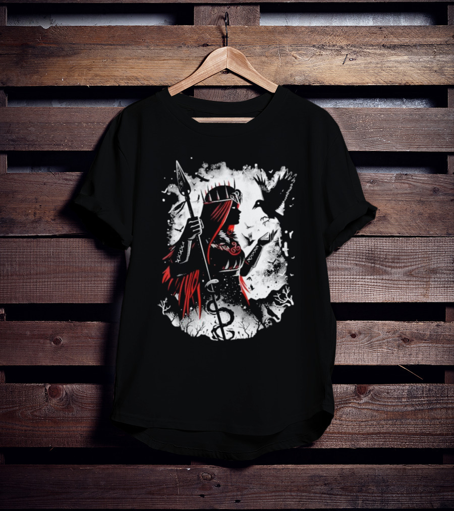 Goddess Of Fate And War With Spear And Raven T-Shirt