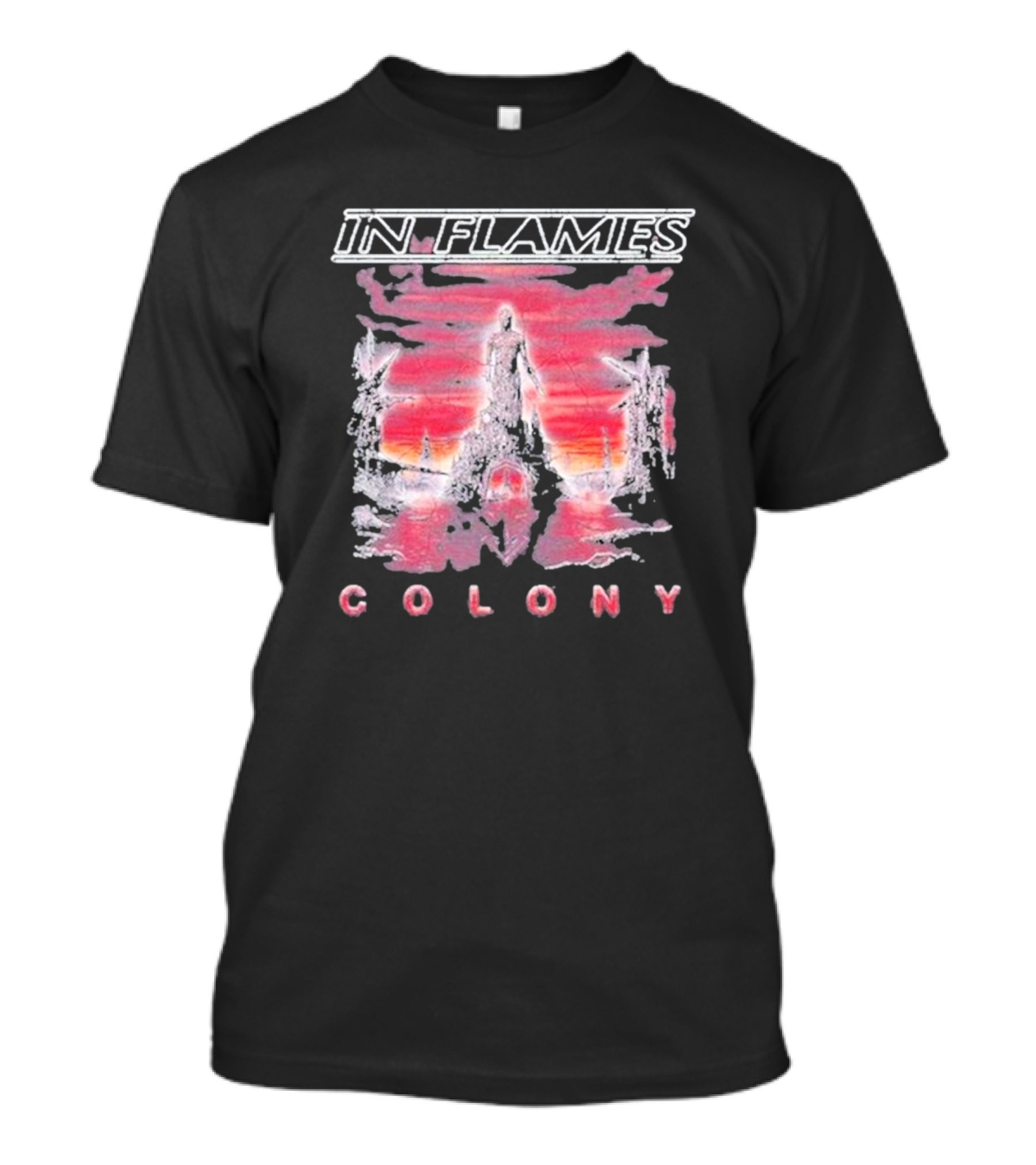 In Flames Colony Silhouette And Abstract Pink Brushstrokes T-Shirt