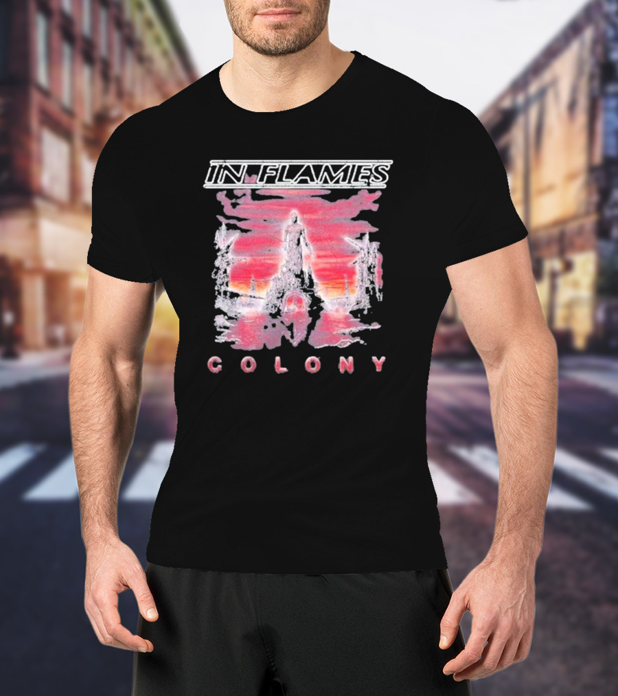 In Flames Colony Silhouette And Abstract Pink Brushstrokes T-Shirt