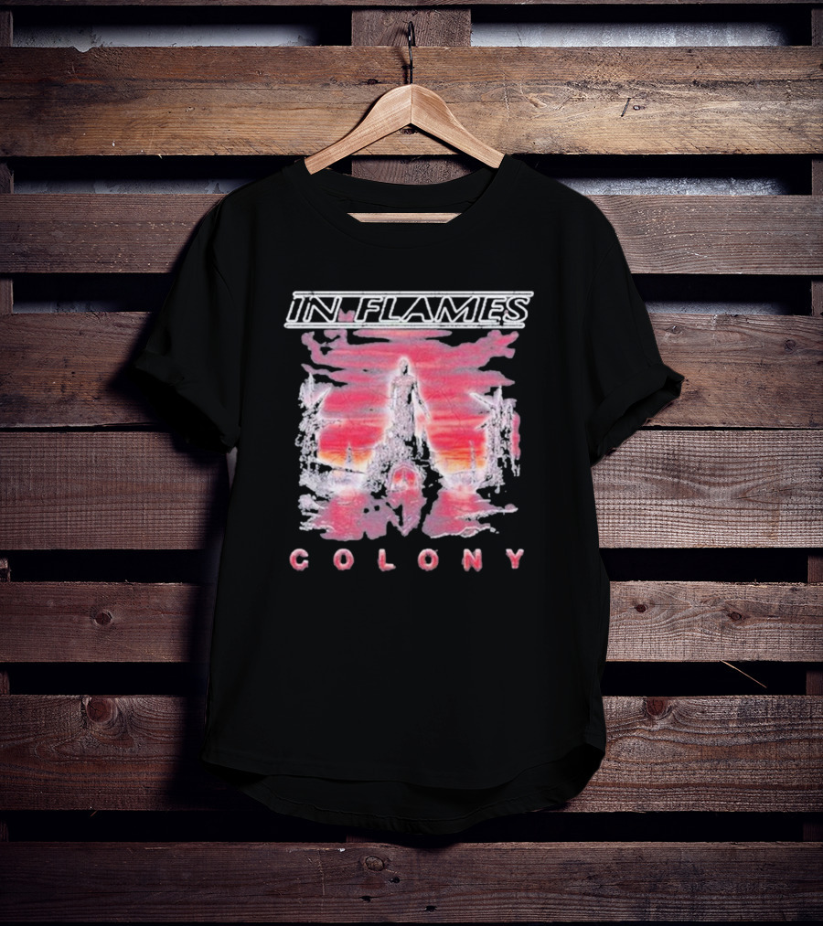 In Flames Colony Silhouette And Abstract Pink Brushstrokes T-Shirt