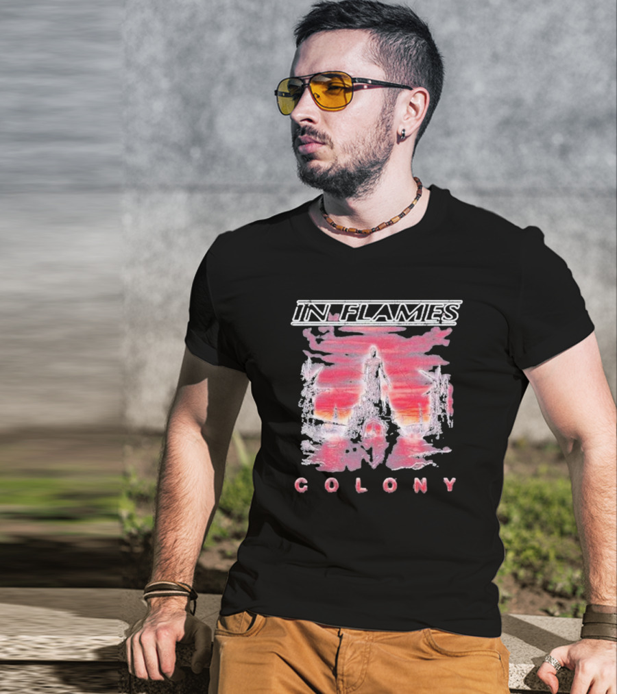 In Flames Colony Silhouette And Abstract Pink Brushstrokes T-Shirt
