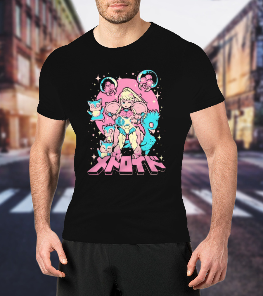 Metroid Pop Art Space Hero Anime Style Pink And Blue Retro T-Shirt