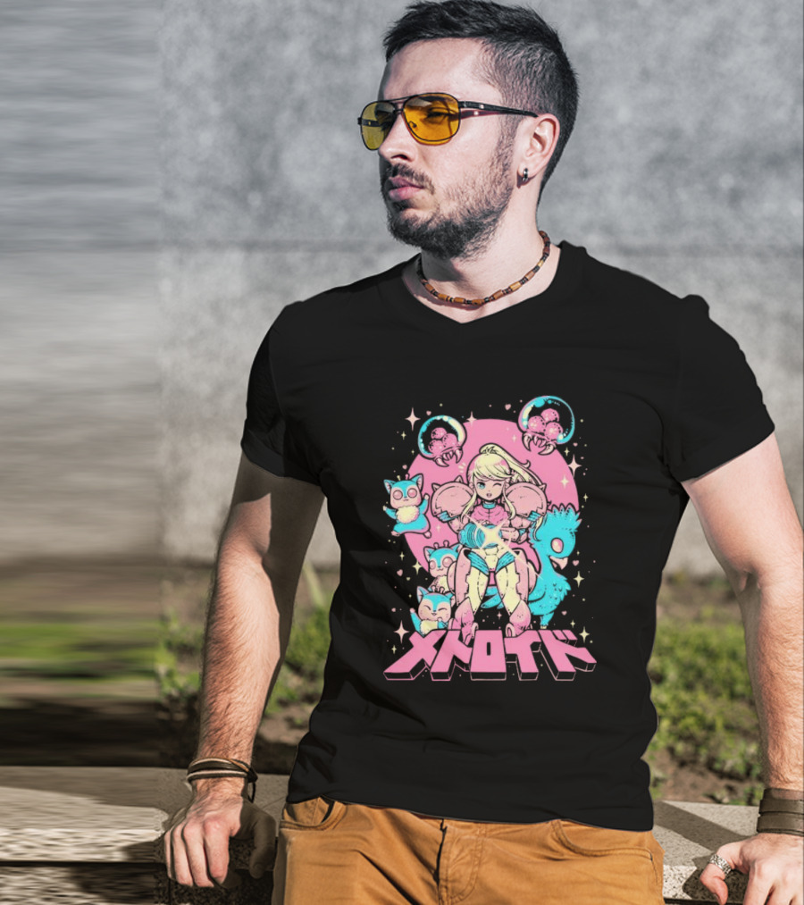 Metroid Pop Art Space Hero Anime Style Pink And Blue Retro T-Shirt