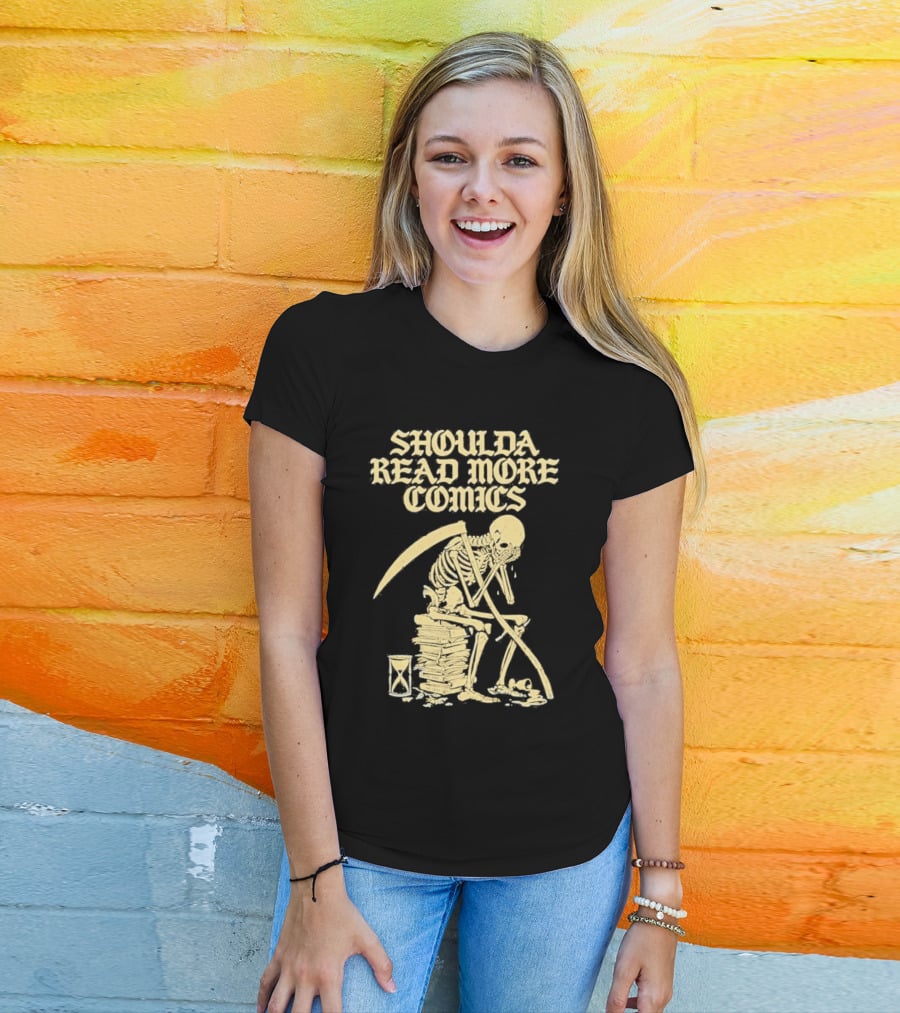 Shoulda Read More Comics Skeleton Sitting On Books With Hourglass T-Shirt