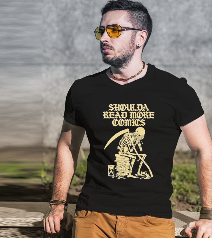 Shoulda Read More Comics Skeleton Sitting On Books With Hourglass T-Shirt