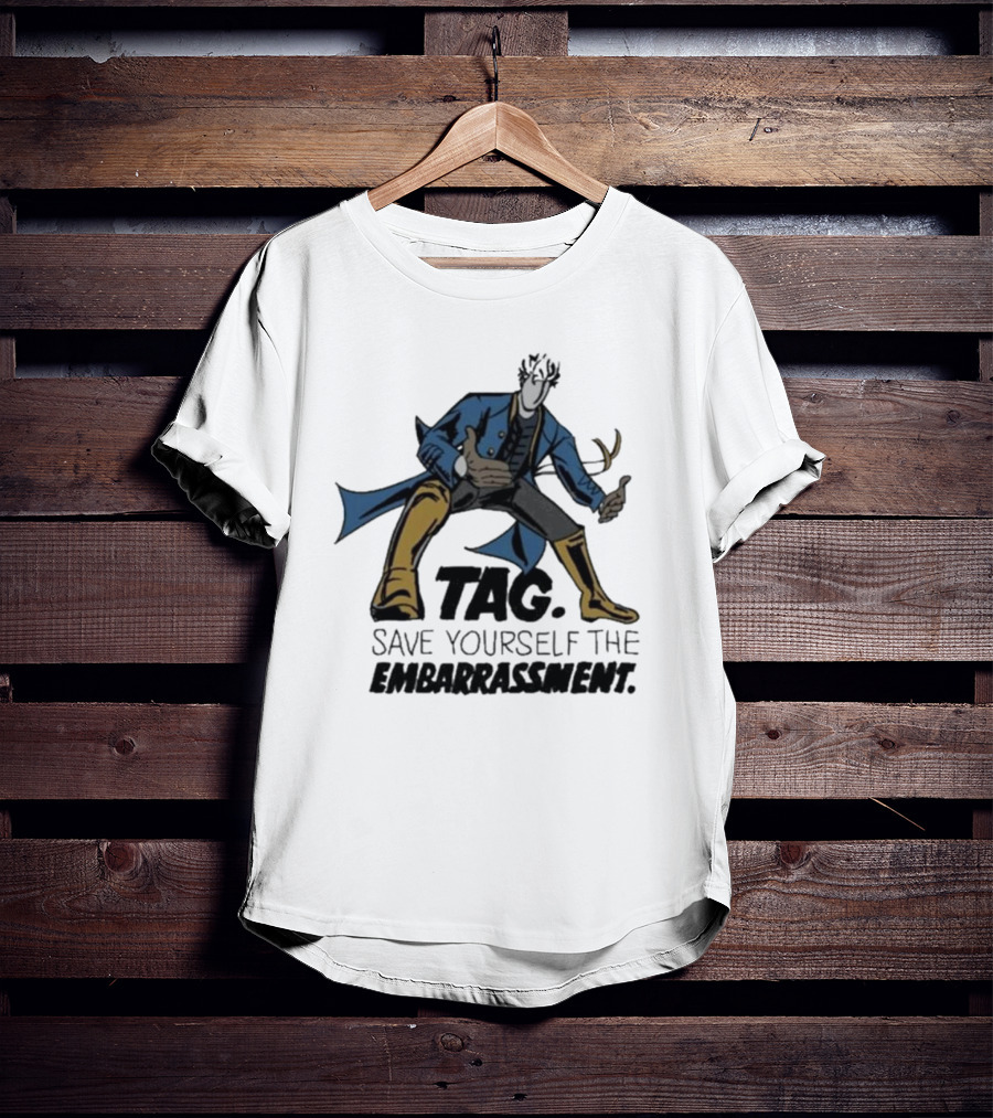 TAG Save Yourself The Embarrassment Mysterious Figure With Blue Coat And Yellow Boots T-Shirt