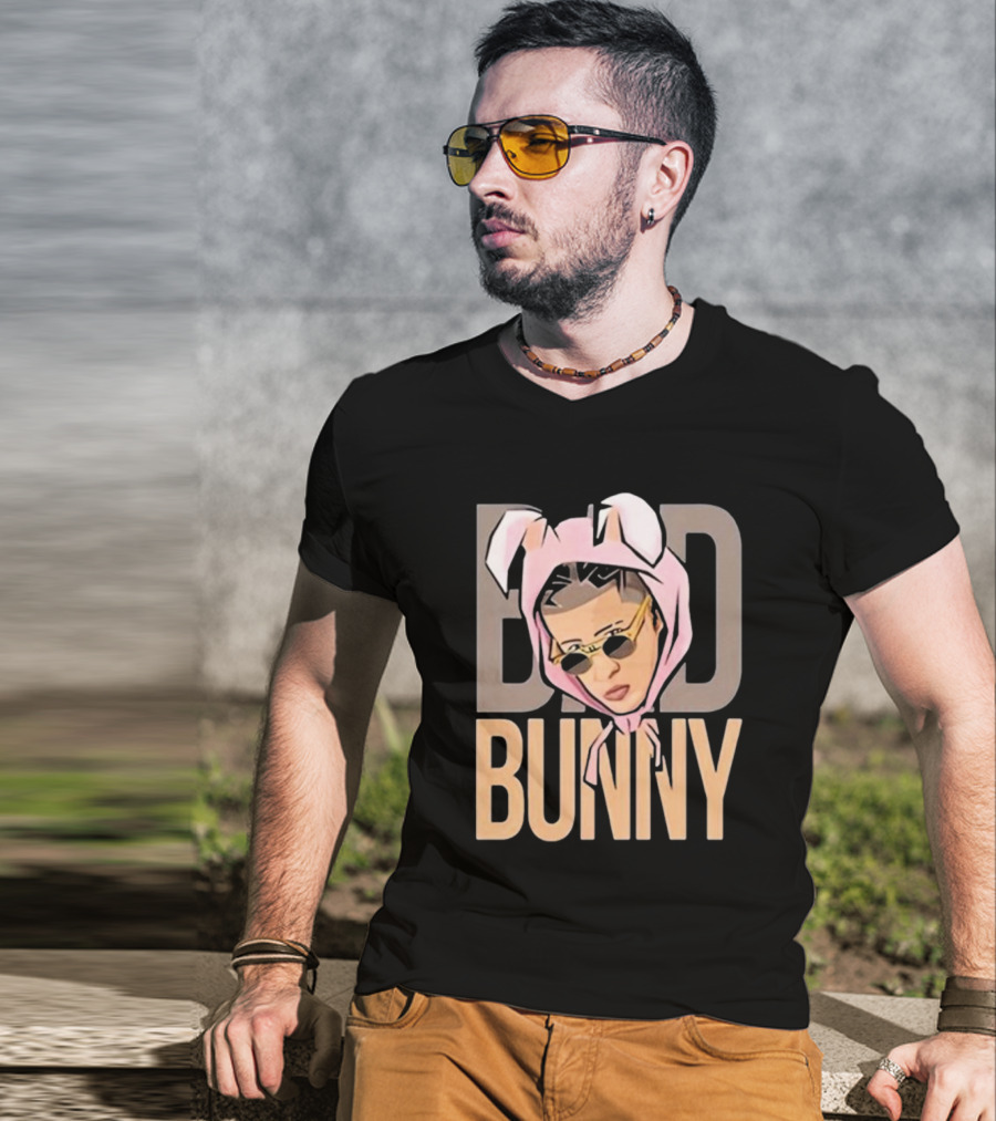 BAD BUNNY Essential Pink Bunny Hoodie Sunglasses T-Shirt
