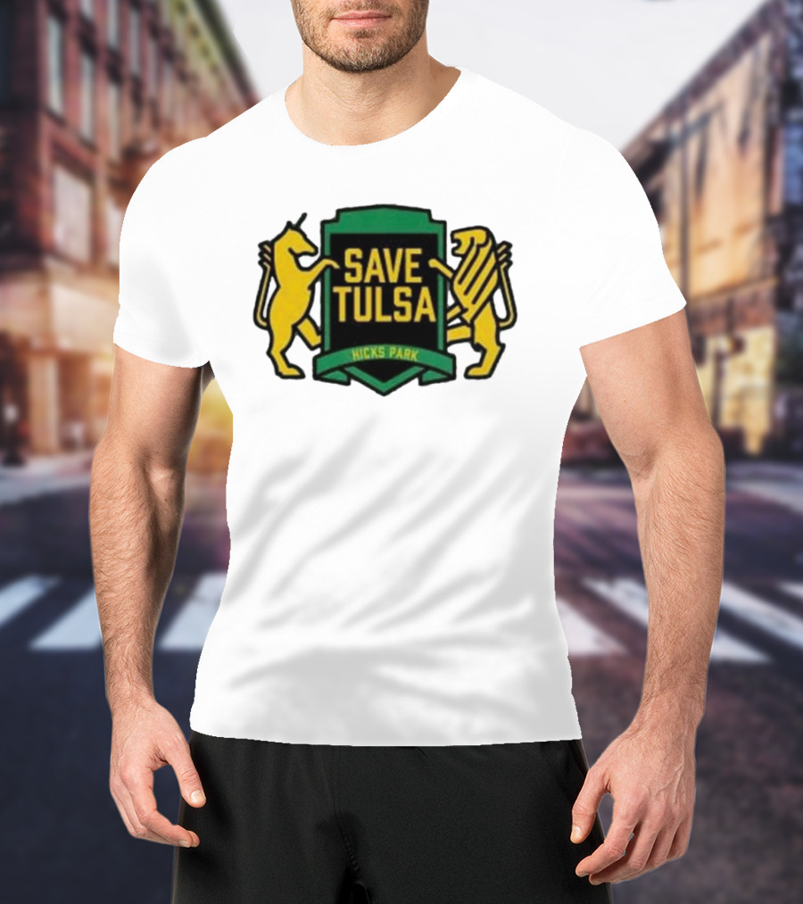 Save Tulsa Kicks Park Yellow Lion And Griffin Shield T-Shirt