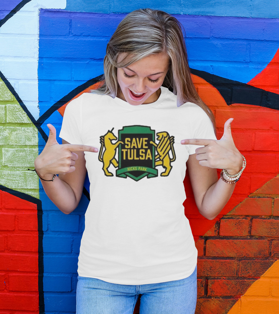 Save Tulsa Kicks Park Yellow Lion And Griffin Shield T-Shirt
