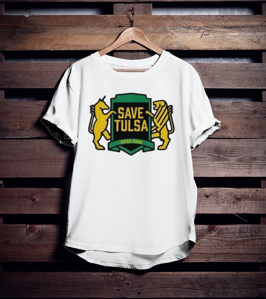 Save Tulsa Kicks Park Yellow Lion And Griffin Shield T-Shirt