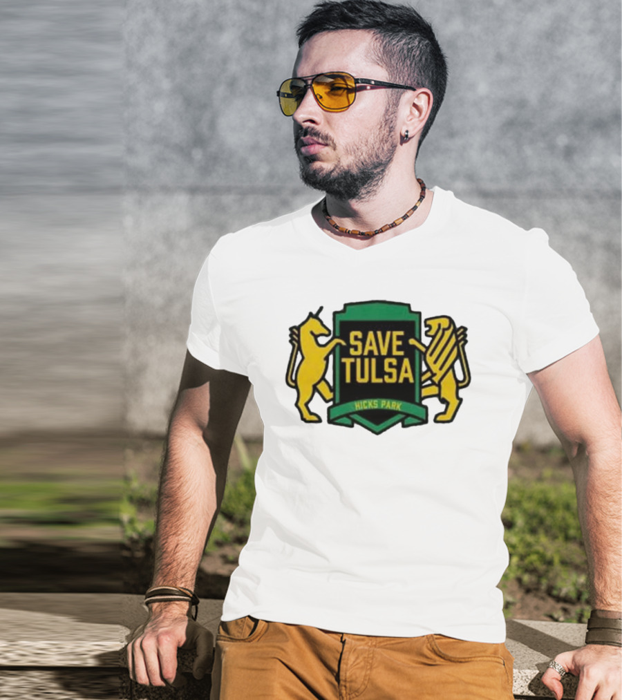 Save Tulsa Kicks Park Yellow Lion And Griffin Shield T-Shirt
