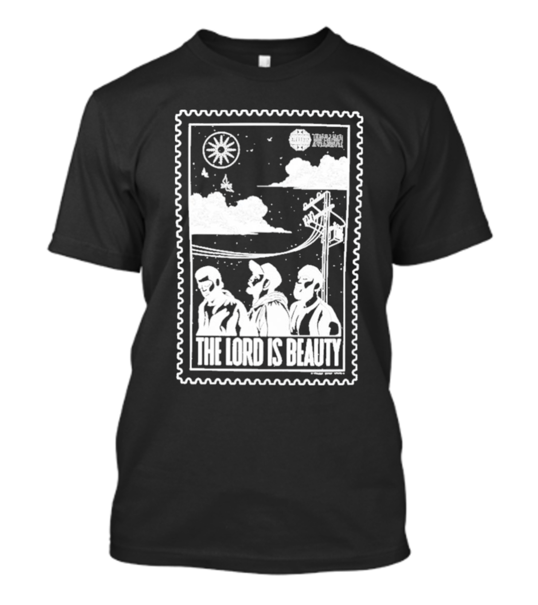 The Lord Is Beauty Three Figures Under Night Sky Clouds Birds Sun And Powerlines T-Shirt